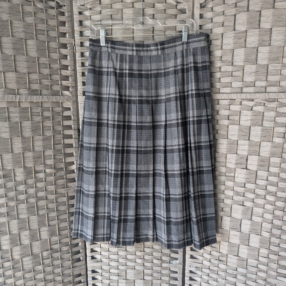 Vtg Pleated Wool Skirt Gray Plaid Midi Sz 16W Dark Academia Classic Timeless